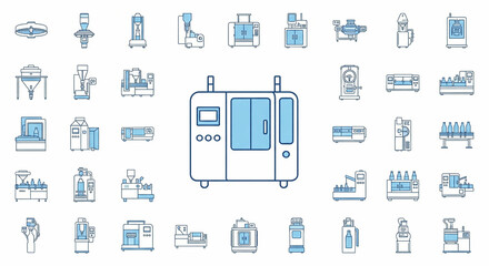 Outlined icon set showcasing various machinery used in a bottling plant against a clean white background with a light blue color scheme, conveying a technological,