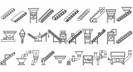 Line art depicting various conveyor belt systems for industrial material handling against a clean white background in a minimalist design style.