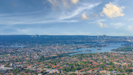 Panorama aerial drone view of western Sydney Suburbs of Canterbury Burwood Ashfield Marrickville Campsie with Houses roads and parks in Sydney New South Wales NSW Australia