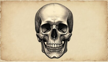 Engraved illustration of human skull, vintage style. Detailed bone structure front view on old paper background. Anatomy study or retro medical graphic.