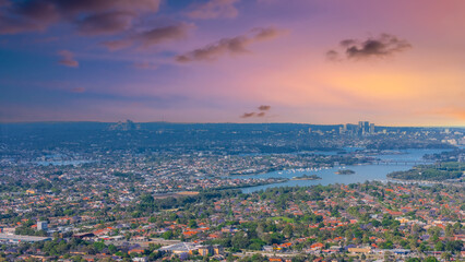 Panorama aerial drone view of western Sydney Suburbs of Canterbury Burwood Ashfield Marrickville Campsie with Houses roads and parks in Sydney New South Wales NSW Australia