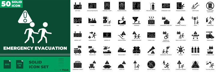Naklejka premium Emergency Evacuation Solid Editable Icons set. Vector illustration in modern thin solid style of Emergency Evacuation icons: evacuation, rescue, disaster, etc