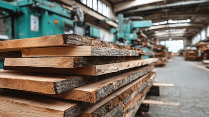 Stacked Wooden Planks in a Carpentry Workshop with Tools and Machines in the Background