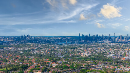 Fototapeta premium Panorama aerial drone view of western Sydney Suburbs of Canterbury Burwood Ashfield Marrickville Campsie with Houses roads and parks in Sydney New South Wales NSW Australia
