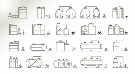 Line art style illustration depicting various chemical industry tank types and equipment on a clean white background with a neutral, informative mood.