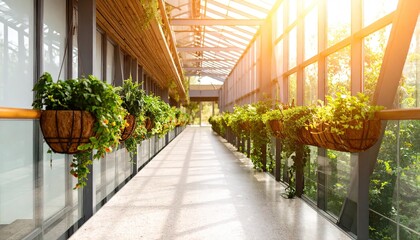 Sunlit Atrium Bridge with Hanging Planters and Terrazzo Floor