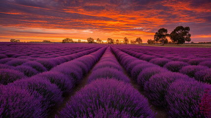 Vast lavender field at sunset with dramatic orange and purple sky