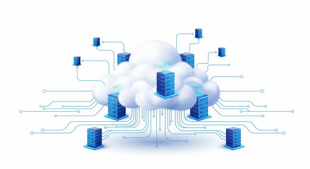 Illustration of a cloud computing network with data servers connected on a clean white background, conveying a modern and technologically advanced concept with blue