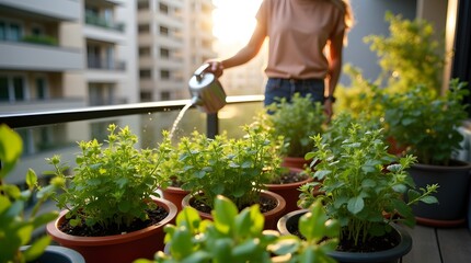 Woman watering plants in garden surrounded by flowers