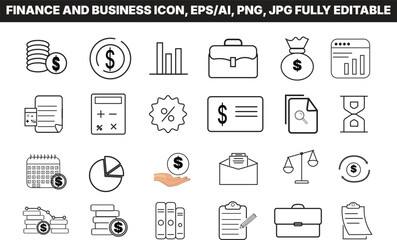 A set of black and white line art finance and business icon on a transparent background