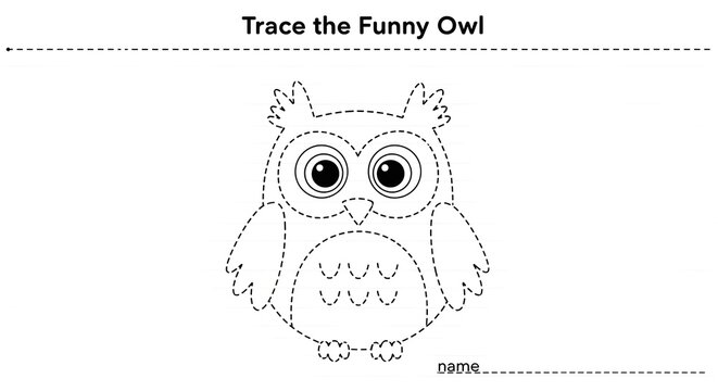 Black and white tracing worksheet for kids featuring a cute cartoon owl with dotted lines and the text 'Trace the Funny Owl' for educational activity.