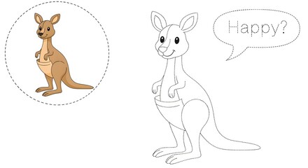 Obraz premium A coloring page featuring a happy kangaroo with its joey, alongside a colored reference image.