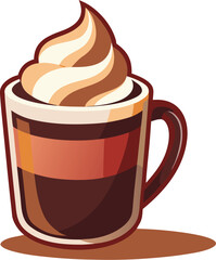 Hot cappuccino and espresso coffee drinks in a brown mug with chocolate cream, perfect for a cozy cafe breakfast illustration