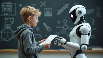 Young boy interacts with futuristic robot in vibrant modern classroom. Carefully presents technical design drawing to robot. Dynamic scene highlights early tech education, science learning, AI future