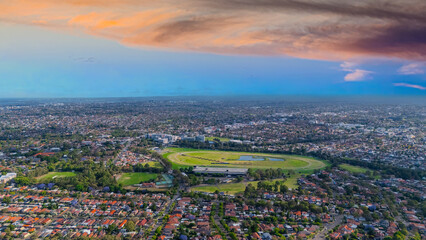 Panorama aerial drone view of western Sydney Suburbs of Canterbury Burwood Ashfield Marrickville Campsie with Houses roads and parks in Sydney New South Wales NSW Australia