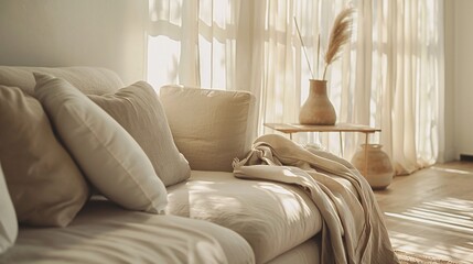 Warm minimal living room interior with natural light