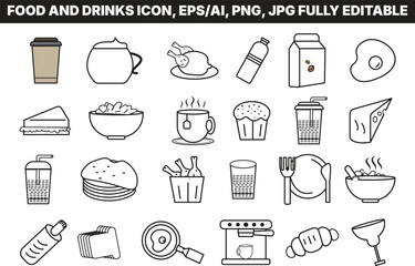 A set of black and white line art food and drinks icon on a transparent background