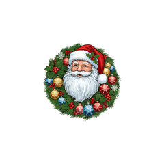 Illustration of Santa Claus's face surrounded by a festive Christmas wreath adorned with ornaments, berries, and green foliage.