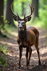 Deer s Vigilance Alertness in the Forest A graceful deer standing alert amidst a dense forest. Sunlight filters through the leaves, creating dappled patterns on the forest floor. The deer s ears are