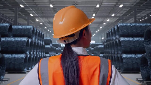 Close Up Back View Of A Female Engineer Wearing Safety Helmet Looking Around While Standing With Arms Akimbo with Stacks of Huge Metal Wire Coils in Warehouse