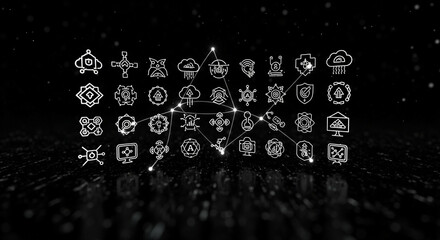 Abstract digital icons arranged on a reflective surface are interconnected with glowing lines against a dark background, creating a technological and futuristic visual