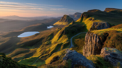 Scenic mountain landscape with winding road and lakes at sunrise