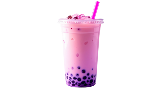 Pink boba tea drink in plastic cup with pink straw and tapioca - Powered by Adobe