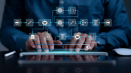 AI automation workflow diagram, artificial intelligence software interface nodes triggers data tool...