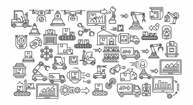 Monochrome line art icons depict logistics and delivery elements arranged against a clean white background, creating a modern and efficient visual style.