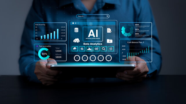 AI Data analysis. Analyst working with computer in Business Analytics and Data Management System with KPI and metrics connected to the database for technology finance, operations, sales, marketing.