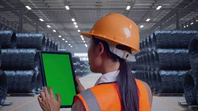 Close Up Back View Of Asian Female Engineer With Safety Helmet Working On A Green Screen Tablet And Looking Around with Stacks of Huge Metal Wire Coils in Warehouse