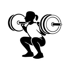 Strong woman lifting heavy barbell in squat position, fitness icon for gym workouts and strength training