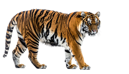 Striped tiger walking left with a black background