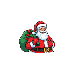 A cheerful cartoon illustration of Santa Claus, dressed in his iconic red suit and hat, carrying a large green sack overflowing with gifts over his shoulder.