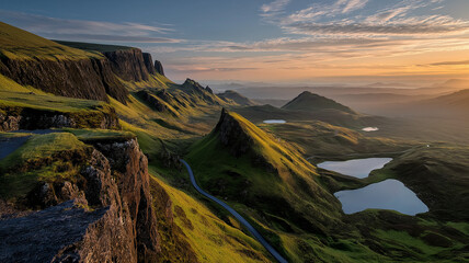 Dramatic mountain vista with rugged cliffs and serene lakes at dawn