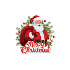 Smiling Santa Claus carrying a gift sack with festive pine branches and red berries, wishing 