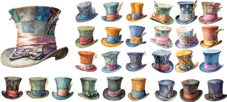 Watercolor Mad Hatter Top Hats Clipart