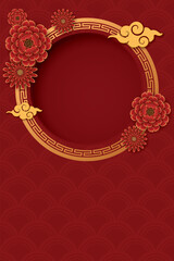 Blank 3D circle frame with clouds and flowers oriental style on red vertical background.