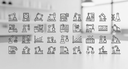 Monochrome industrial line icons depicting automation and robotics laid out against a blurred laboratory backdrop with a clean, modern aesthetic.
