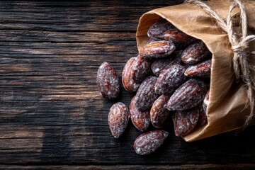Delightfully roasted almonds spilling from a rustic brown paper bag onto a textured wooden surface evoking culinary mindfulness and snacking joy captured with clarity