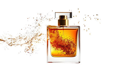 Square glass bottle of amber liquid with a swirling cloud of vapor