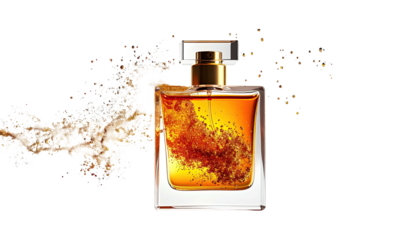 Square glass bottle of amber liquid with a swirling cloud of vapor