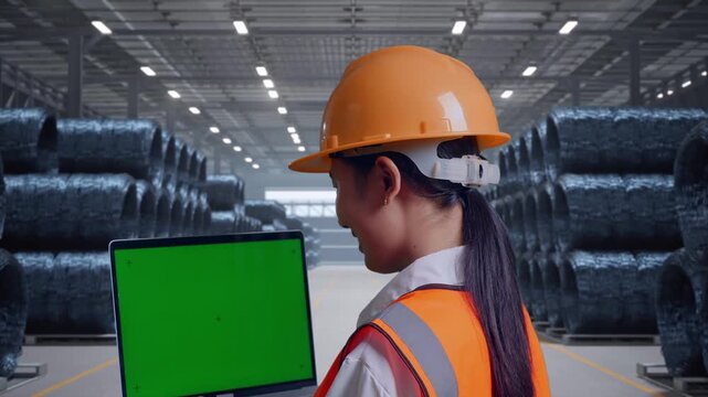 Close Up Back View Of Asian Female Engineer With Safety Helmet Working On A Green Screen Laptop And Looking Around with Stacks of Huge Metal Wire Coils in Warehouse