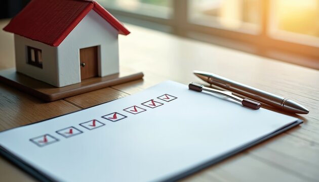 Model house on desk with checklist and pen. This symbolizes real estate planning organization and important decisions for home buyers. Agent reviews property details for buyer. - Powered by Adobe