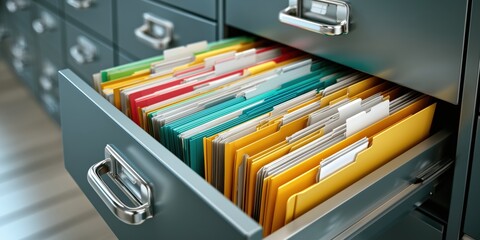 Organized file drawer filled with colorful folders for office document management and sorting