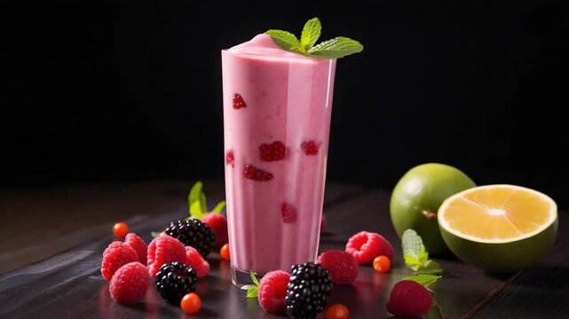 Refreshing raspberry smoothie with fresh berries and mint on wooden table