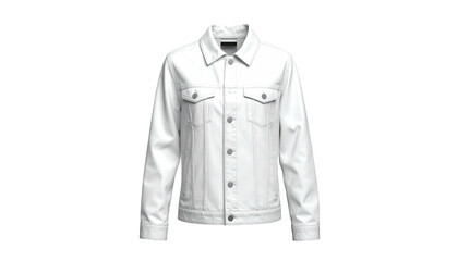 White denim jacket, buttoned, with pockets, centered, on black