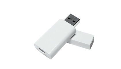 Two white USB sticks, one angled on top of the other