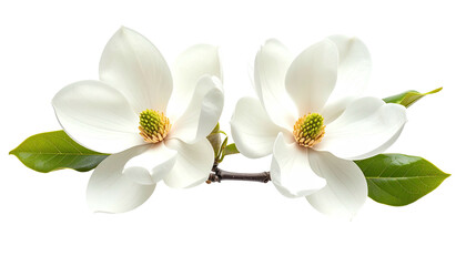 Two white magnolia blossoms with green leaves on black