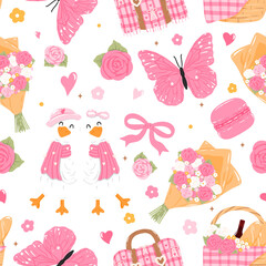 Coquette Valentine Goose Seamless Pattern, Romantic Picnic Digital Paper Background 